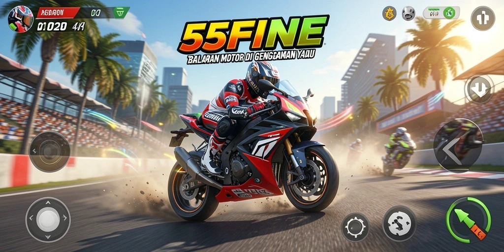 Tampilan gameplay mendebarkan di 55FIVE dengan balapan motor yang cepat.