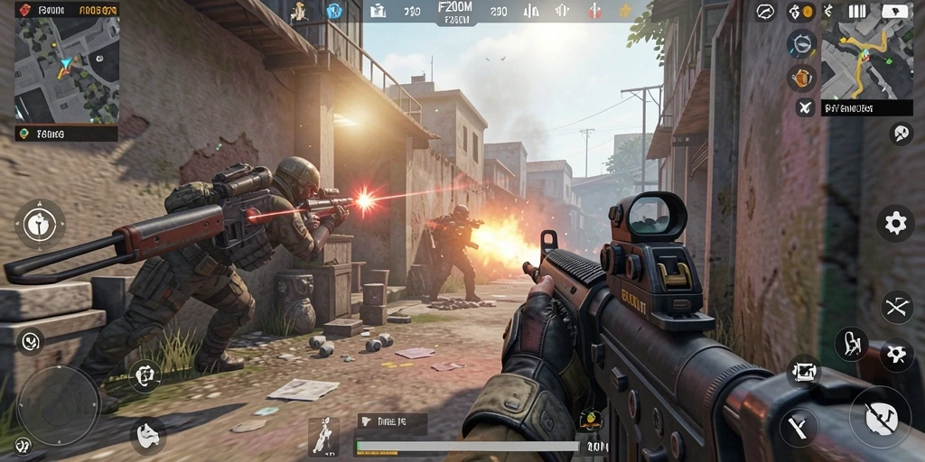Screenshot gameplay F200M menunjukkan aksi tembak-menembak yang mendebarkan.