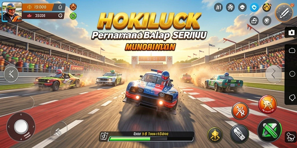Tampilan gameplay <strong>HOKILUCK</strong> yang seru dengan mobil balap di lintasan.