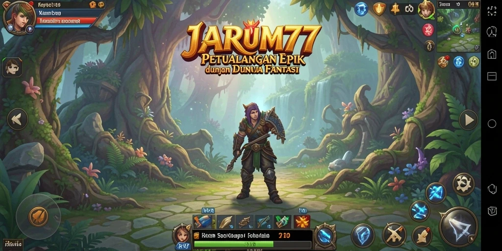 Tampilan gameplay epik JARUM77 dengan pertarungan dan petualangan seru.