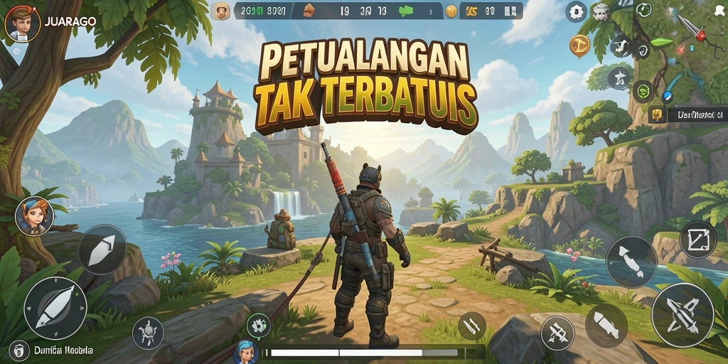 Screenshot gameplay JUARAGO menampilkan eksplorasi di dunia terbuka yang luas.