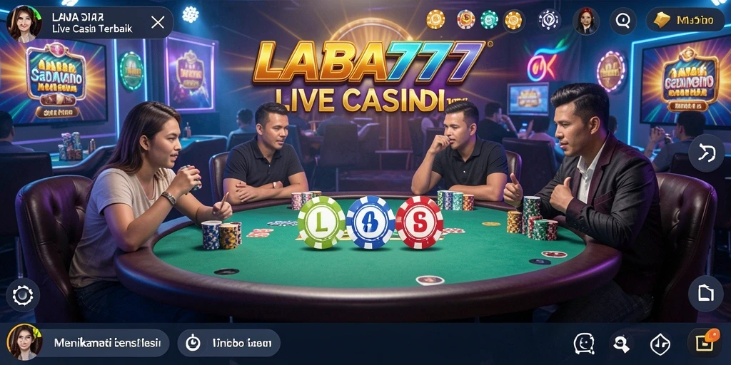 Tangkapan layar LABA777 menunjukkan dealer berinteraksi langsung dengan pemain dalam suasana kasino yang dinamis.