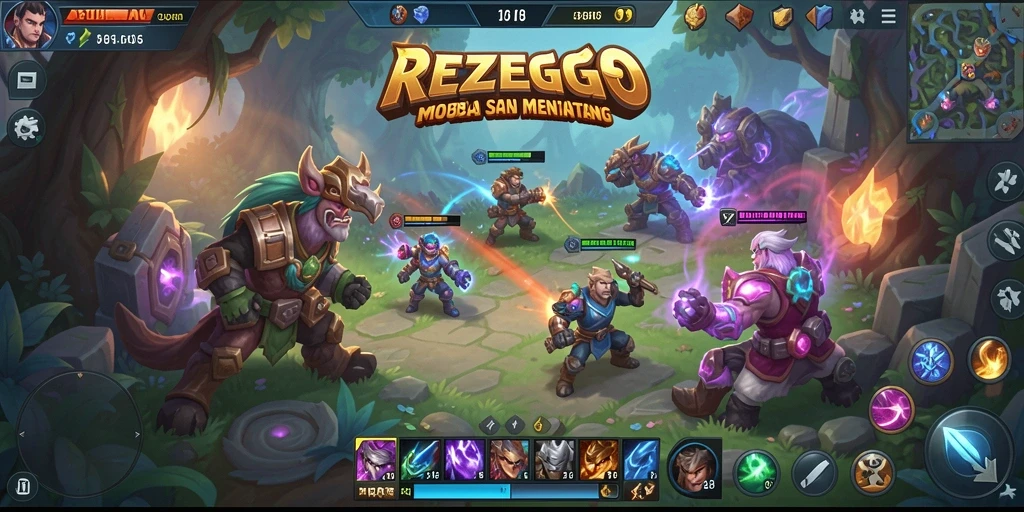 Tampilan layar gameplay seru dalam REZEGO yang menampilkan aksi MOBA.