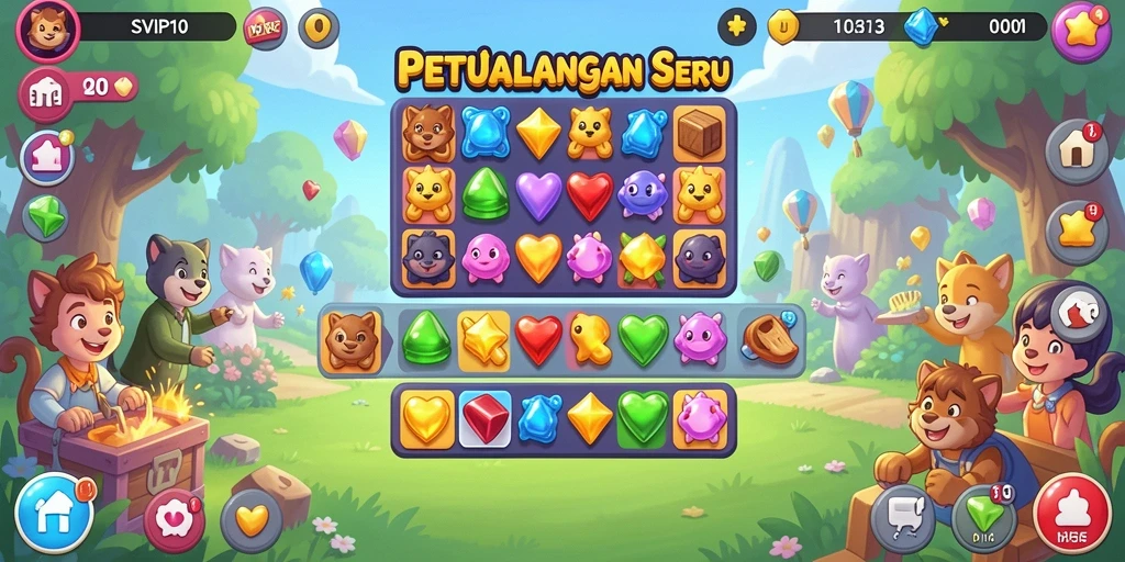 Screenshot SVIP10 menampilkan grafis cerah dari gameplay Match-3 yang seru.